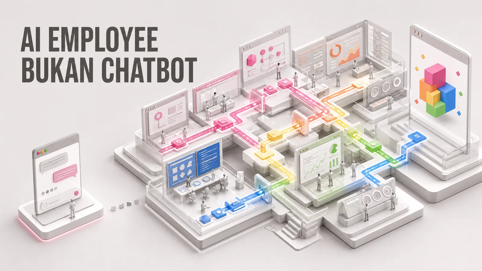 Miniature software workflow showing an AI employee completing work beyond a chat window.