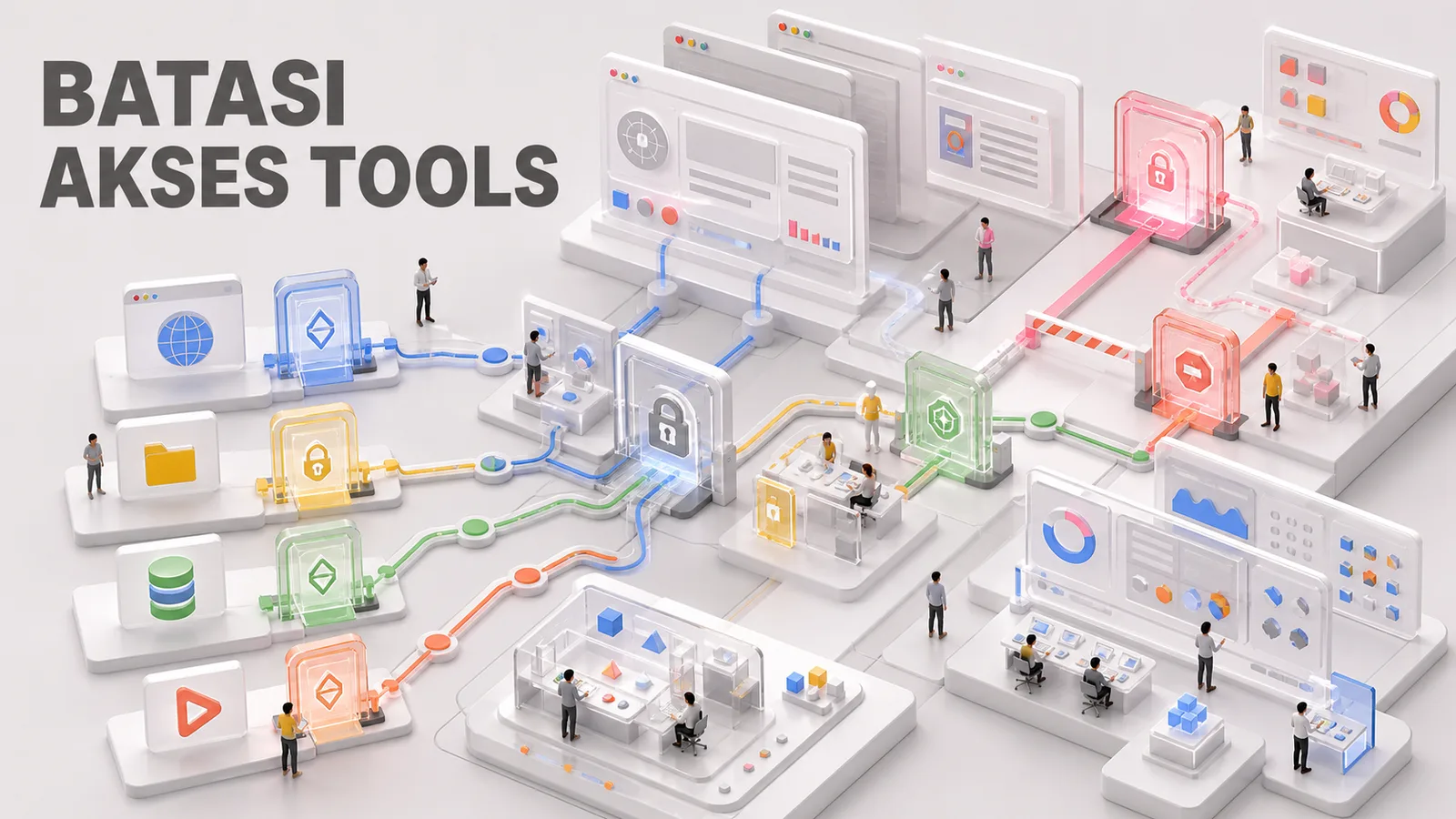 Miniature permission gates limiting an AI agent's access to tools and outbound actions.