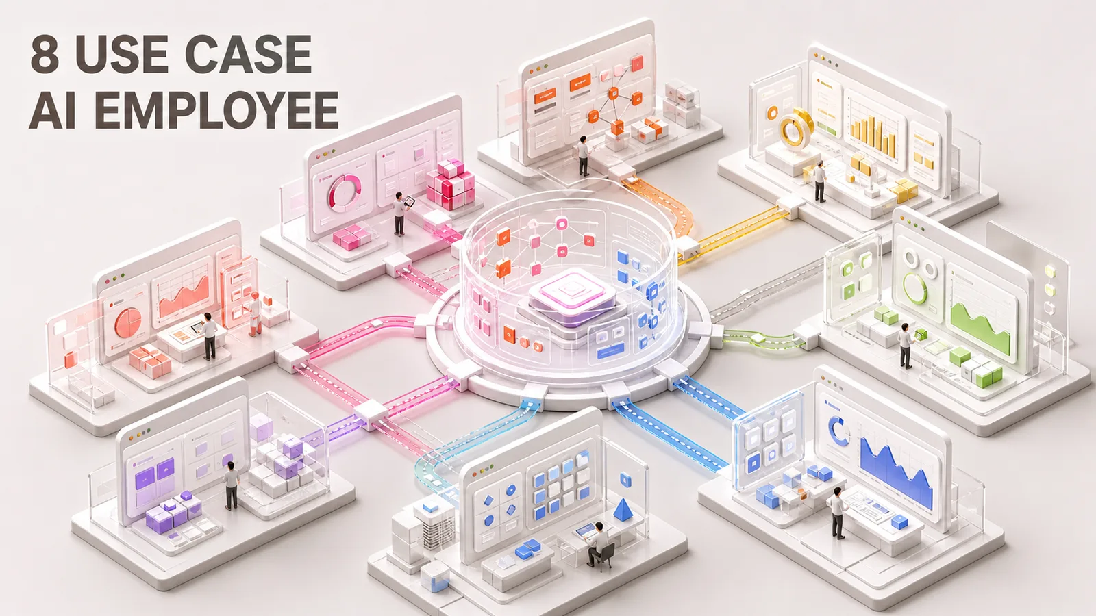 Eight miniature business work zones coordinated by one AI employee orchestration hub.