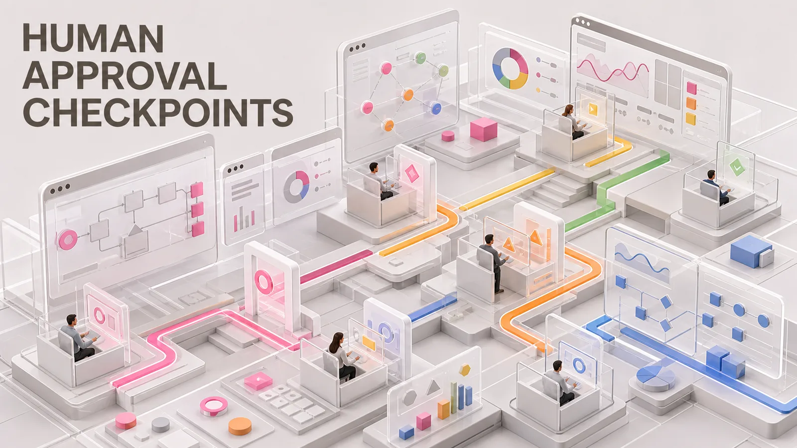 Miniature human review booths placed before high-impact AI workflow transitions.