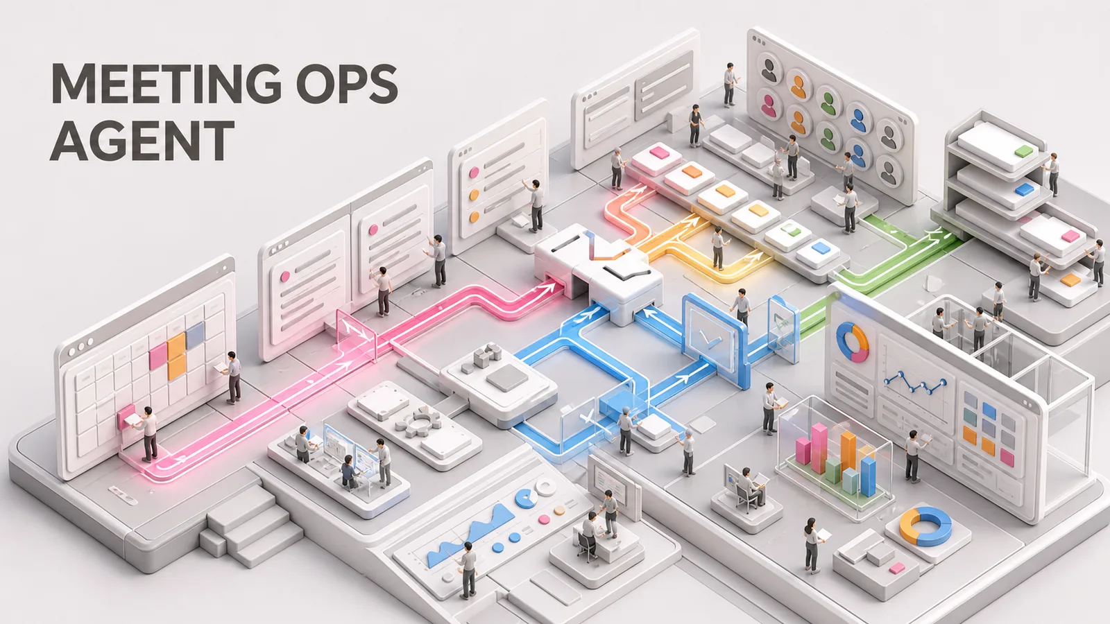 Miniature meeting operations workflow connecting calendar, notes, owners, and follow-up queues.