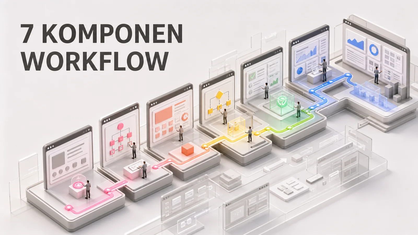 Seven miniature software stations connected as one controlled AI agent workflow.